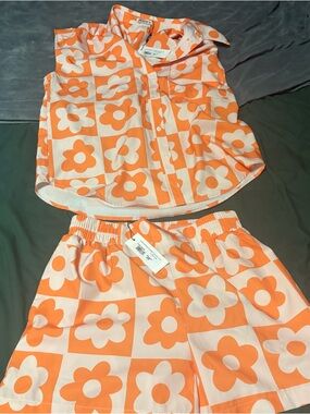 MATE The Label Orange Floral Sleep Set - Sleeveless Button-Up & Shorts
